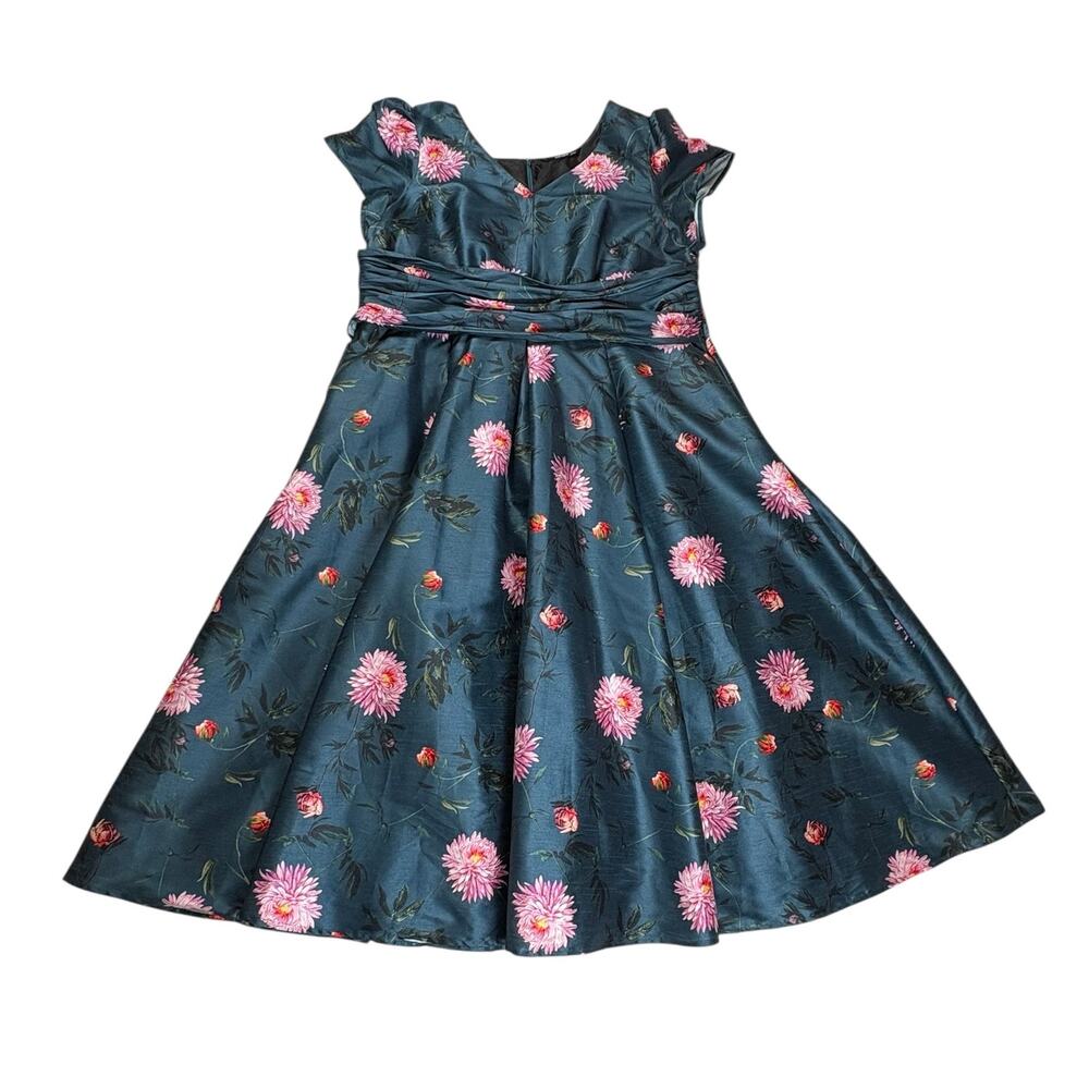 eShakti Fit & Flare Floral Taffeta V-neck Maxi Dress Women's Plus 3X Blue Pink